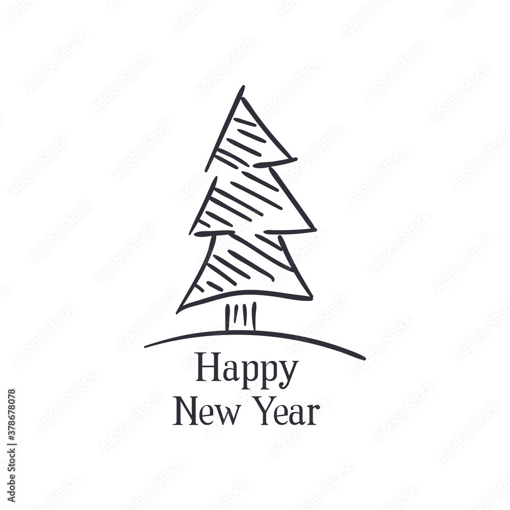 Happy new year with pine tree line style icon vector design Happy new year with pine tree line style icon vector design