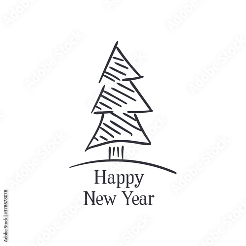 Happy new year with pine tree line style icon vector design