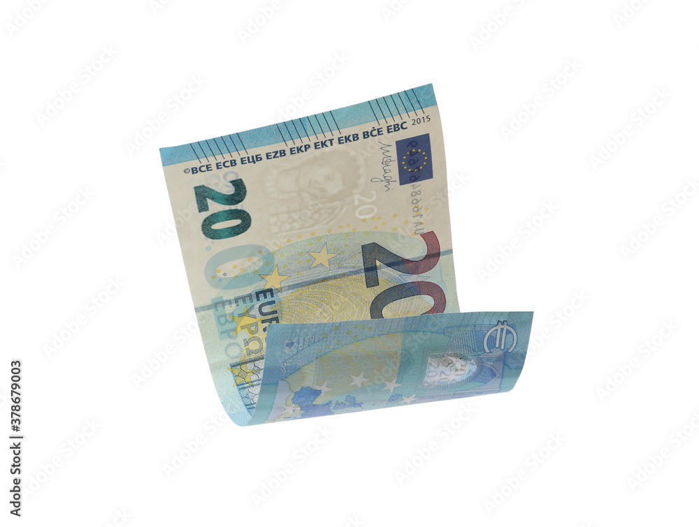 20 Euro banknote flying on white background 20 Euro banknote flying on white background