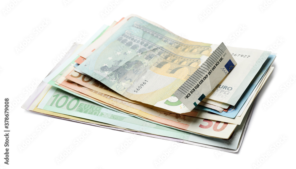 Pile of different Euro banknotes on white background Pile of different Euro banknotes on white background