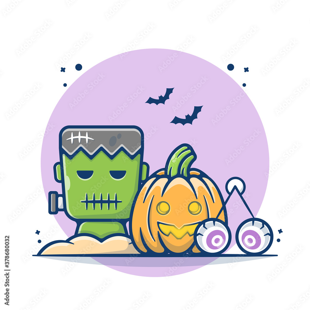 Fototapeta premium Halloween Pumpkins and Frankenstein Vector Illustration. Halloween Day Party Concept. Flat Cartoon Style Suitable for Sticker, Wallpaper, Icon, Landing Page, Web.