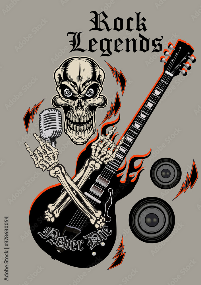 Rock guitar skeleton drawing art Stock Vector | Adobe Stock