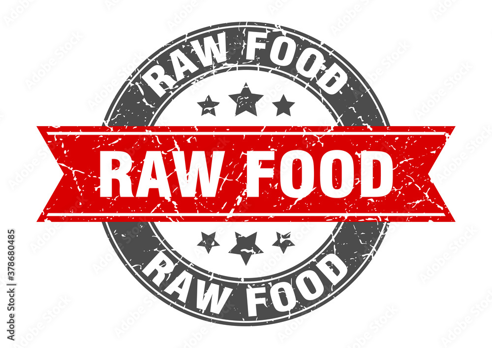 raw food round stamp with ribbon. label sign