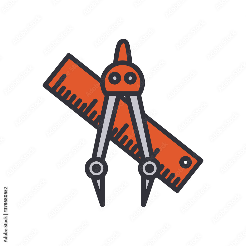 ruler and measuring compass line and fill style icon vector design