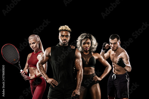 Multi sports athletes and players in one collage isolated on black background. Sport concept.