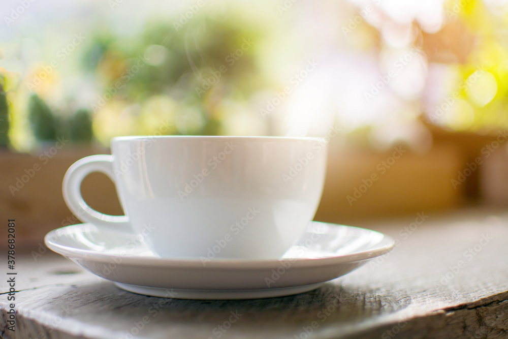 A white cup of hot drink with steaming on the wooden table with bokeh of tree background A white cup of hot drink with steaming on the wooden table with bokeh of tree background