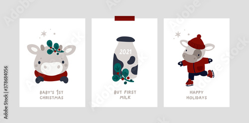 Festive xmas greeting cards with little bull. Baby Christmas Holiday milestone cards with cute calf cow, milk, baby bull. Happy new year or Merry Christmas poster, banner, room decoration