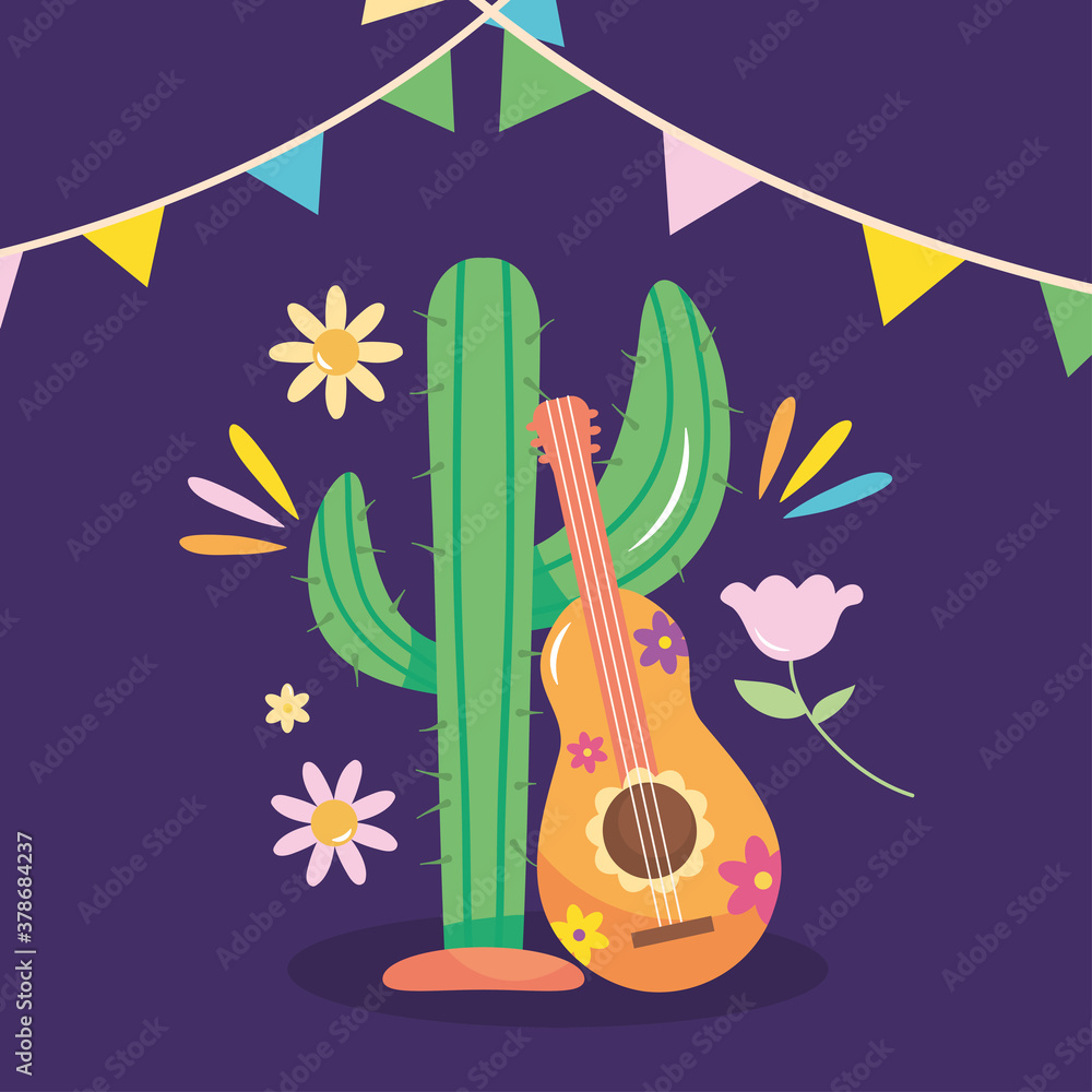 Mexico independence day design with cactus and mexican guitar