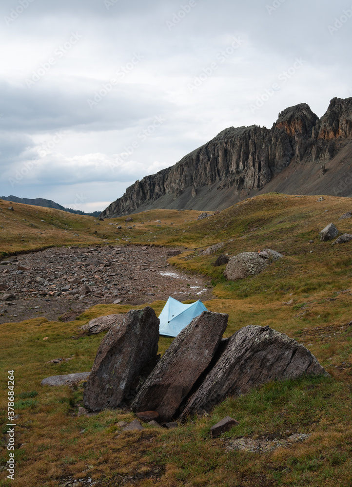 Backpacking trip in the San Juan Mountains of the Rocky Mountain Range near Mount Sneffels Wilderness around Blue Lakes outside of Ouray Colorado