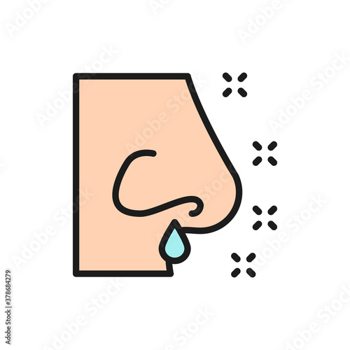Runny nose, rhinitis, allergy, nasal mucus flat color line icon.