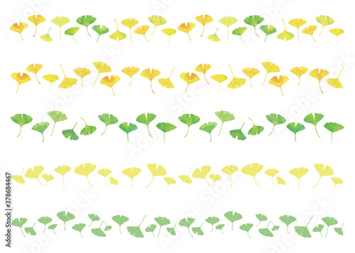 イチョウの葉 ライン素材5種類セット 水彩画と単色 緑から黄色のグラデーション
