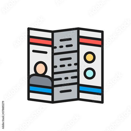 Booklet, brochure, print advertising flat color line icon.
