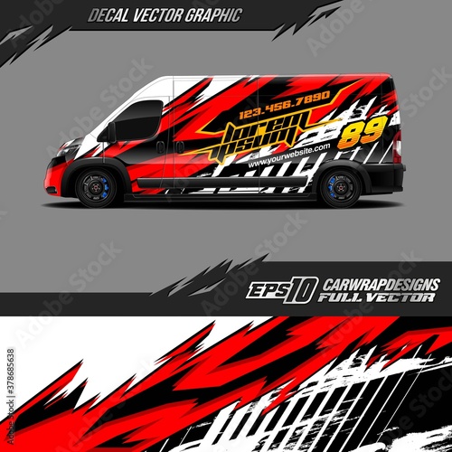 Cargo van decal graphic design. Abstract stripe racing background designs for wrap race car, pickup truck, adventure vehicle. Eps 10