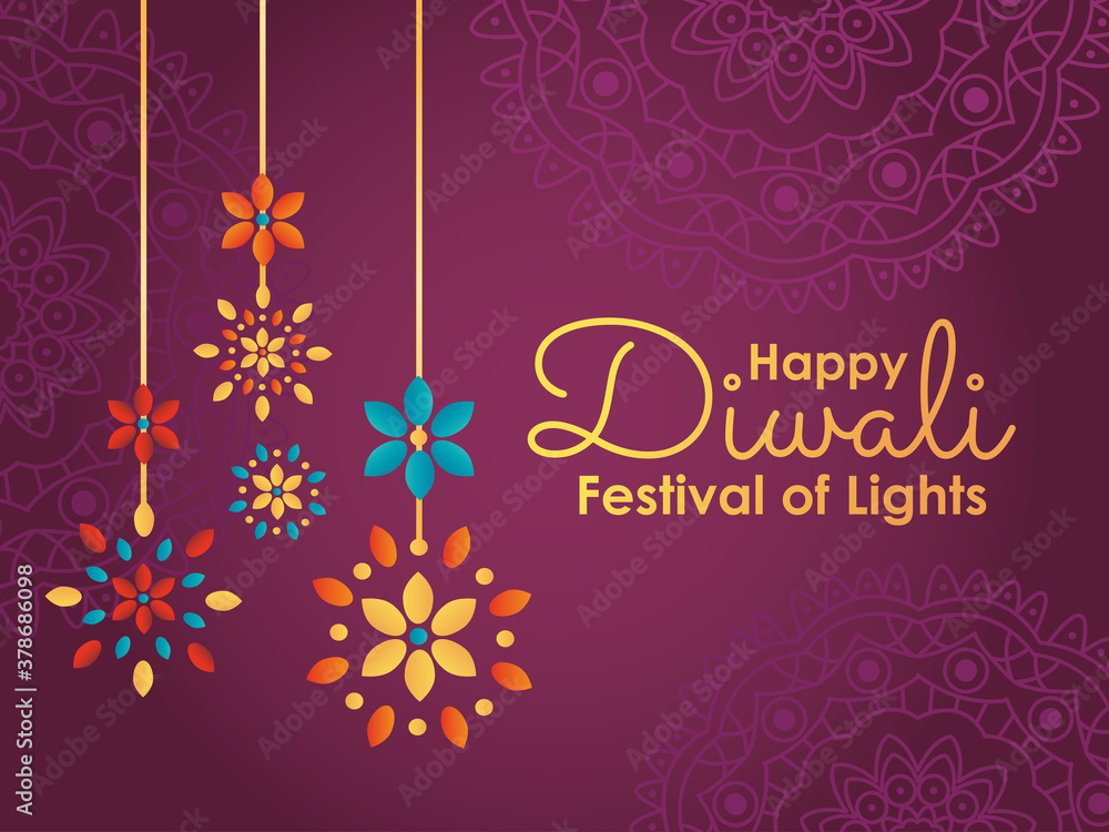 Naklejka premium Happy diwali design with decorative rangolis hanging, colorful design