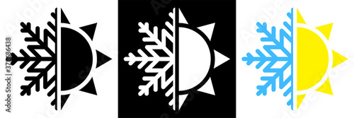 Sun and snowflake. Hot summer and cold winter temperature icon. Snowflake and sun split in half. Isolated vector
