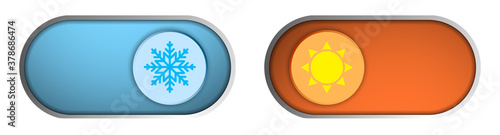 Climate control regulator. Button with sign of cold, snowflakes and heat, sun. Sliders with signs of acceptance and rejection. User interface. Electronic thermostat control. Isolated vector