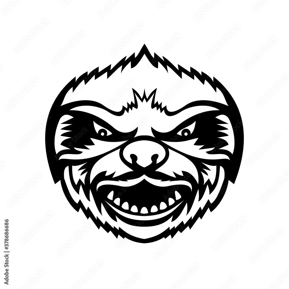 Head of Angry Sloth Front View Mascot Retro Black and White