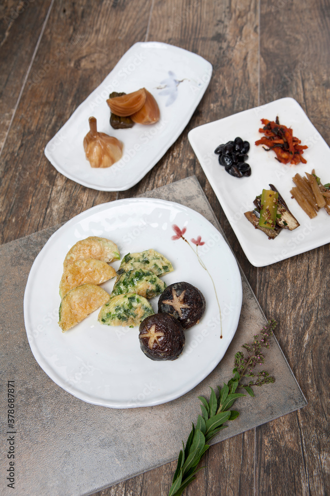 korean food, pancake - jeon and side dishes korean food, pancake - jeon and side dishes