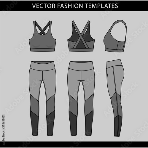 sports wear fashion  flat sketch template, fitness out fit front and back view