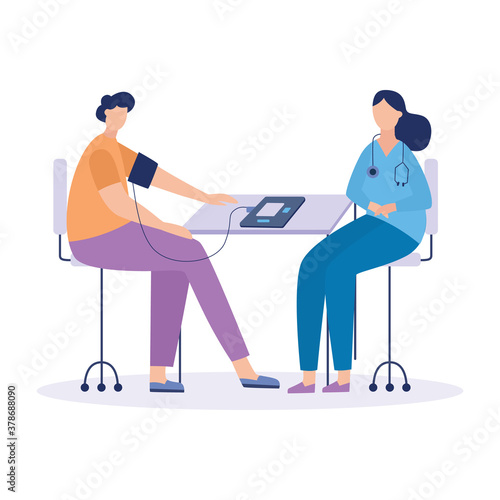 Doctor measuring patient blood pressure, flat vector illustration isolated