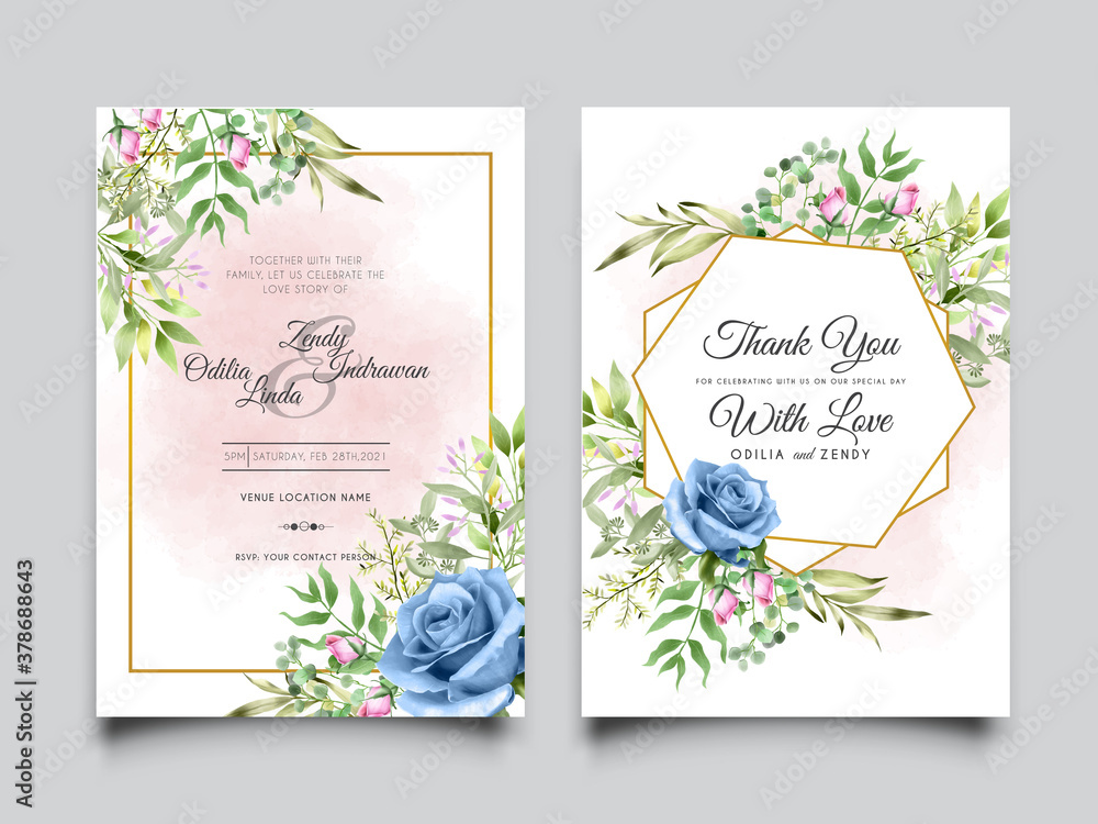 beautiful and elegant blue roses watercolor wedding invitation card template
