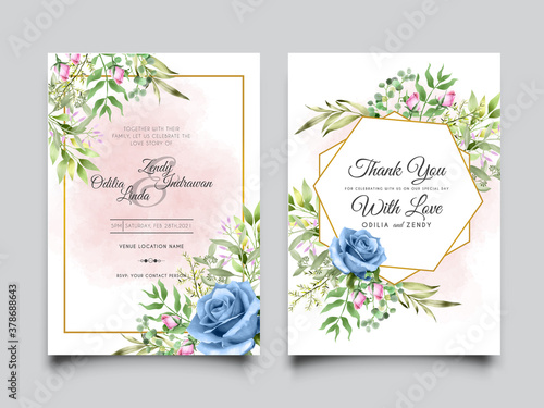 beautiful and elegant blue roses watercolor wedding invitation card template