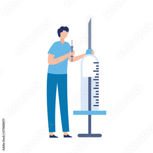 Tiny man doctor in uniform with huge syringe flat vector illustration isolated.