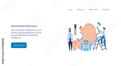 Gastroenterology website banner with cartoon doctors examining stomach © sabelskaya