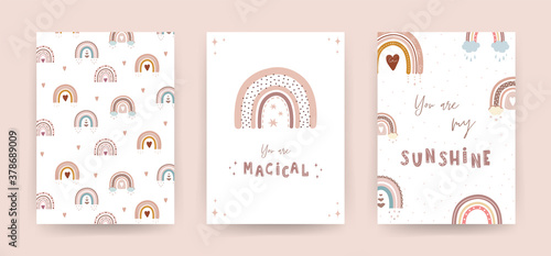 Trendy rainbows in boho style in pastel color. Set of different posters. Children illustrations for post card. Doodle art elements. Modern vector illustration.