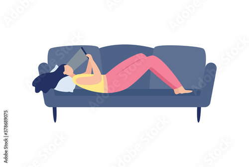 Woman lying on couch with phone in hands, flat vector illustration isolated.