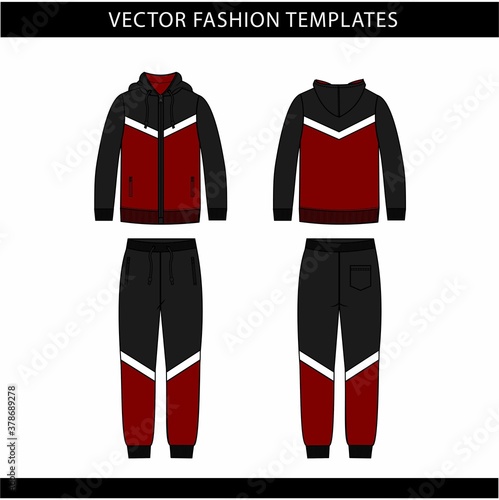 hoodie and Sweat pants fashion flat sketch template, jogging outfit front and back, sport wear outfit 