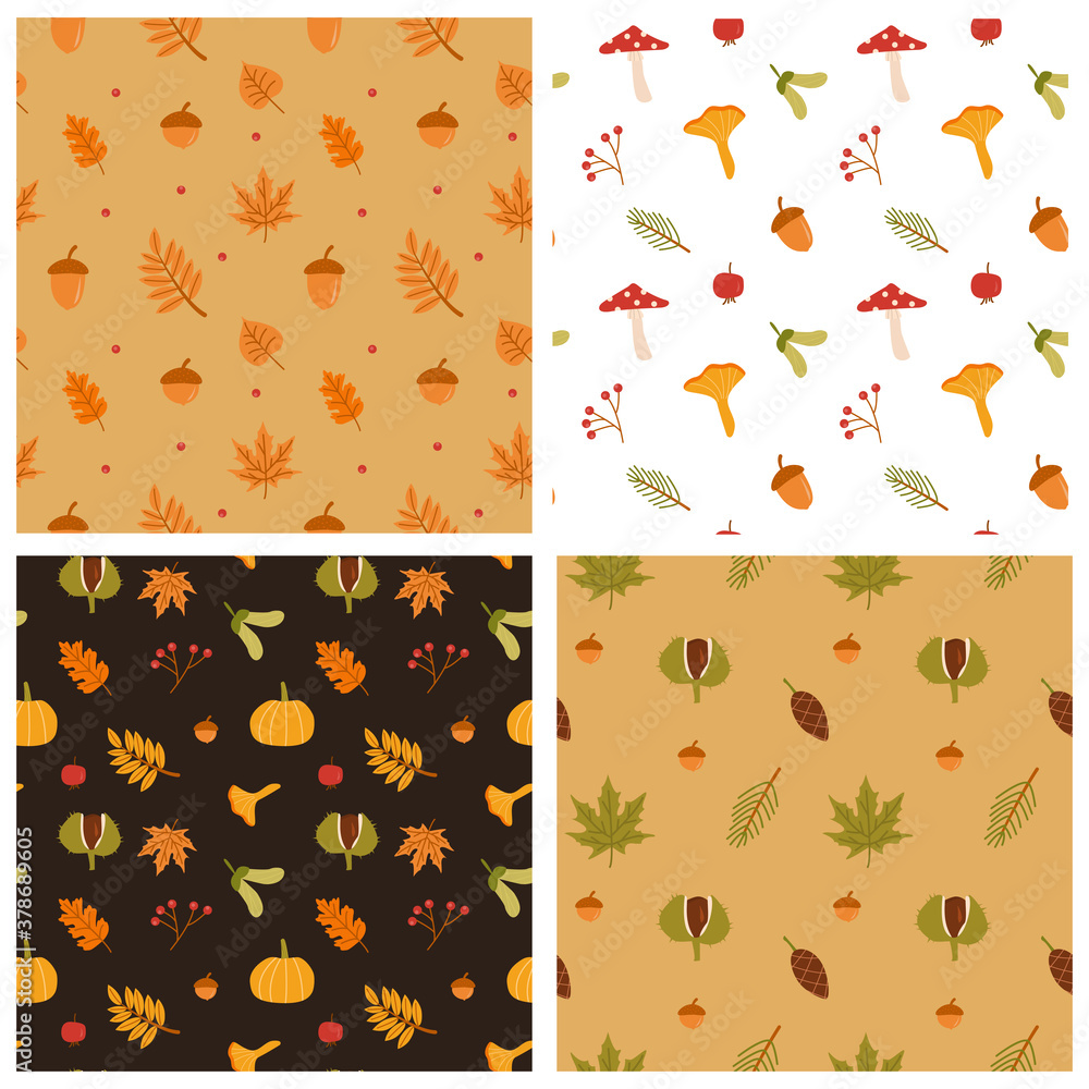 Set of seamless patterns. Autumn forest leaves, mushrooms, pumpkin and berries vector. Fall season foliage with acorns wallpaper design. Red ashberry, dog rose berries. Botanical wrapping paper print.