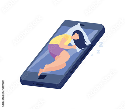 Girl on screen in concept of phone addiction, flat vector illustration isolated.