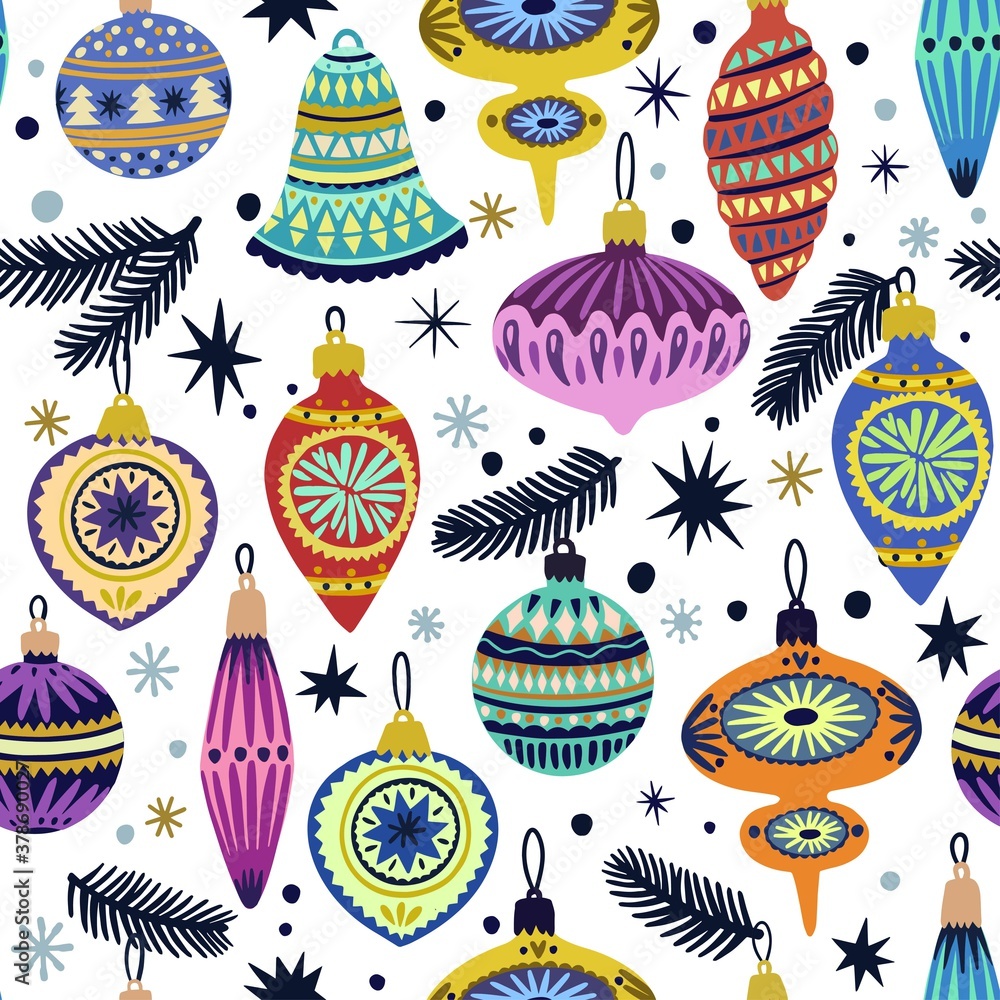 Plakat Cute seamless pattern with doodle vintage vector Christmas decorations for fir tree.