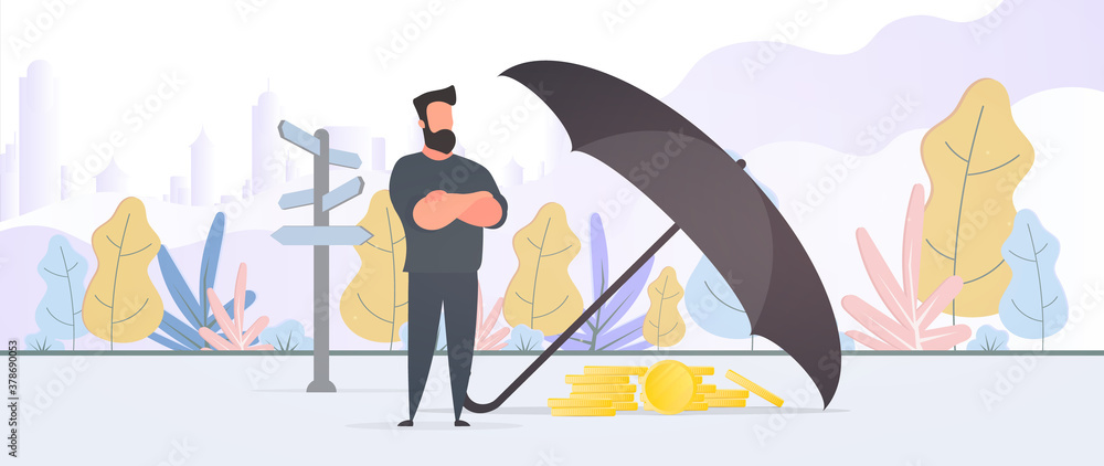 Businessman keeps capital. A large umbrella shelters money from risk and danger. Office Concept of capital saving and investment. Vector.