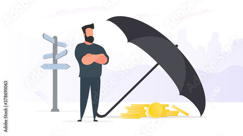 Businessman keeps capital. A large umbrella shelters money from risk and danger. Office Concept of capital saving and investment. Vector.