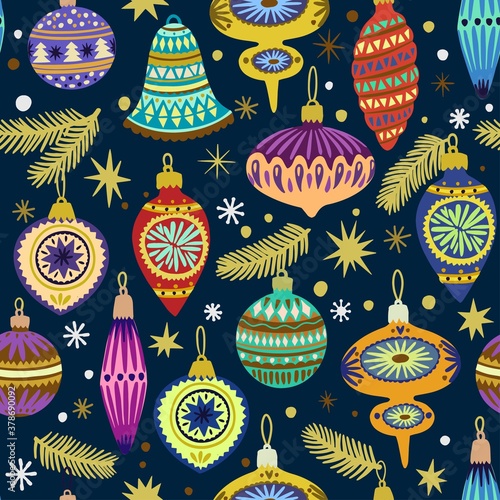 Cute seamless pattern with doodle vintage vector Christmas decorations for fir tree. 