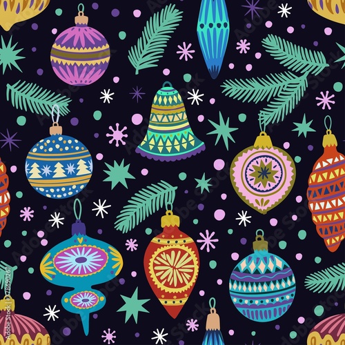 Cute seamless pattern with doodle vintage vector Christmas decorations for fir tree. 
