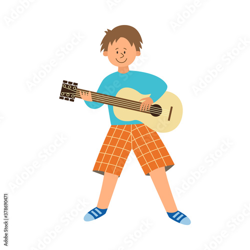 Little boy playing music on guitar flat vector illustration isolated on white.