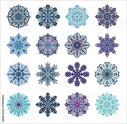 Big set with cute original snowflakes. Collection of vector winter Christmas and New Year decoration elements. 