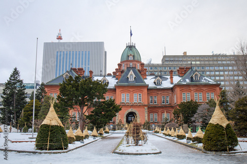 Beautiful architecture of former Hokkaido government office building hall landmark of Sapporo city Hokkaido Japan in snow winter season
