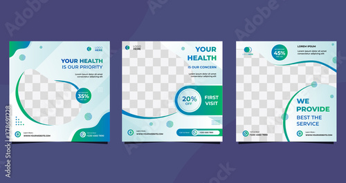 Collection of Medical health care social media post template for hospital and clinic. with green and white background