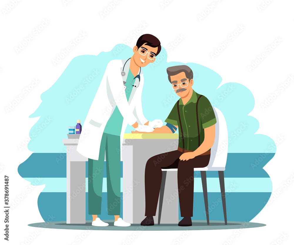 Doctor taking blood sample of old patient in hospital. Health care vector illustration. Man doing checkup examination in clinic, senior sitting in chair. Visit to physician Doctor taking blood sample of old patient in hospital. Health care vector illustration. Man doing checkup examination in clinic, senior sitting in chair. Visit to physician