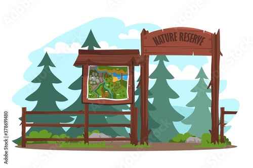 Entrance to forest background. Traveling and camping scene. Tourist outdoor view vector illustration. Sunny beautiful day, scenic horizontal panorama, green trees, map on board, wooden fence