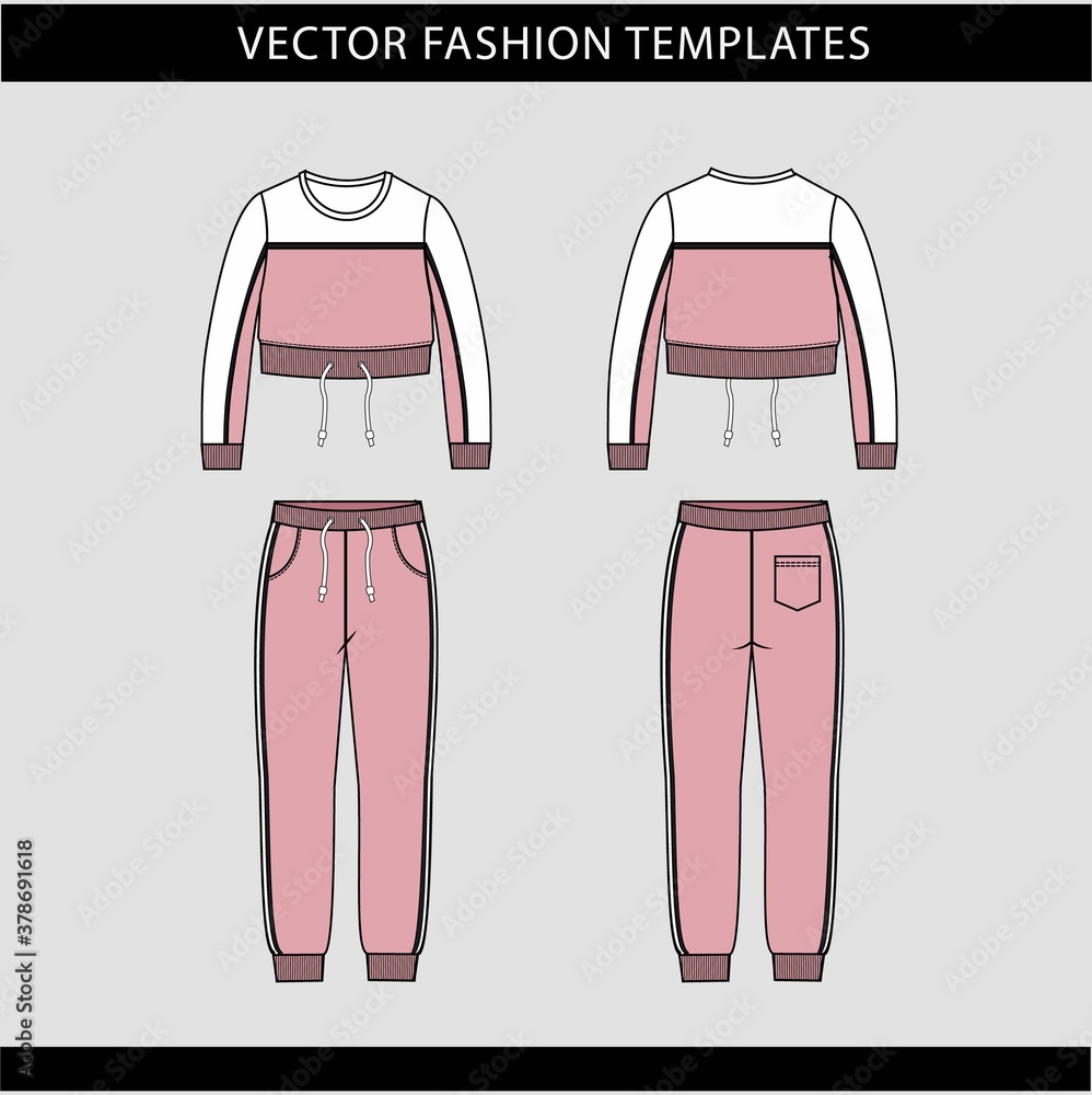 crop top sweatshirt and Sweat pants fashion flat sketch template, jogging  outfit front and back, sport wear outfit Stock Vector | Adobe Stock