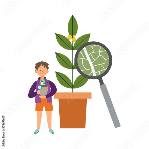 Child with house plant and looking glass learning botany - botanical presentation