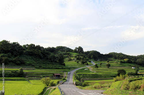 Hilly road uphill and rice terrace in Asuka, Nara