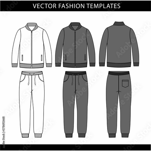 jacket and Sweat pants fashion flat sketch template, jogging outfit front and back, sport wear outfit 