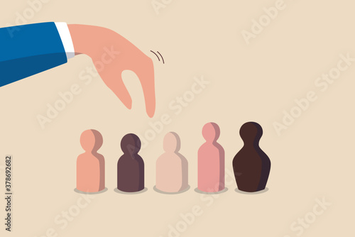 Recruitment and human resources, diversify teamwork, job opportunity or employee choosing or hiring person concept, corporate businessman hand choosing candidate with various skin color person dolls.