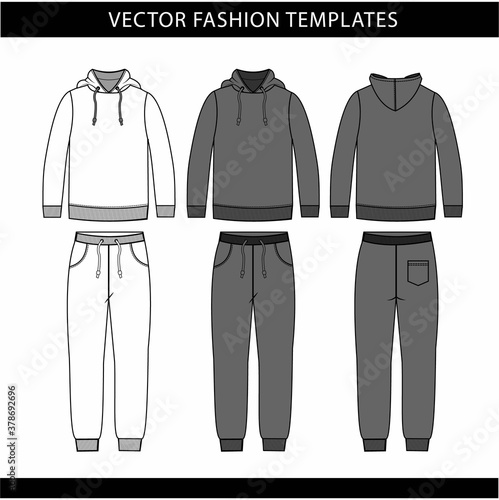 hoodie and Sweat pants fashion flat sketch template, jogging outfit front and back, sport wear outfit 
